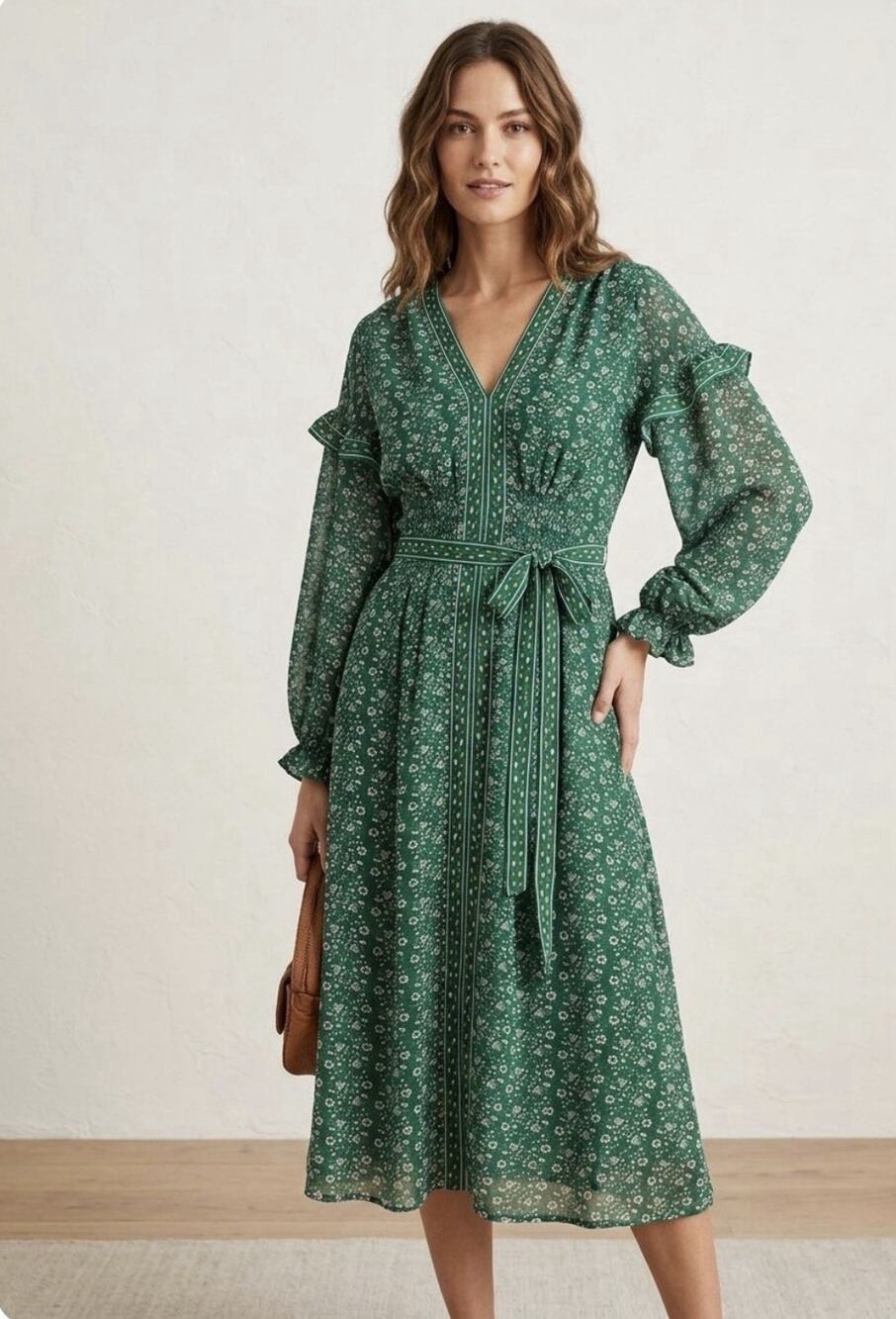 Max Studio Green Floral V-Neck Maxi Dress L Long Sleeve Ruffle Cottagecore Boho
